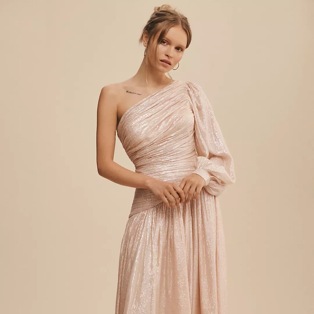 Anthropologie BHLDN Jade Metallic One-Shoulder Asymmetrical-Waist Gown